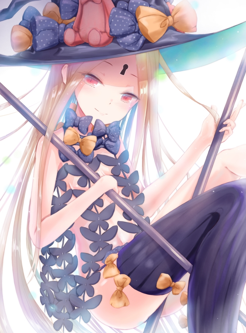 1girl abigail_williams_(fate/grand_order) bangs between_legs black_bow black_hat black_panties blonde_hair bow breasts closed_mouth commentary_request fate/grand_order fate_(series) hat hat_bow head_tilt holding keyhole long_hair looking_at_viewer orange_bow panties parted_bangs polka_dot polka_dot_bow red_eyes revealing_clothes sanka_tan small_breasts smile solo stuffed_animal stuffed_toy teddy_bear topless underwear very_long_hair witch_hat