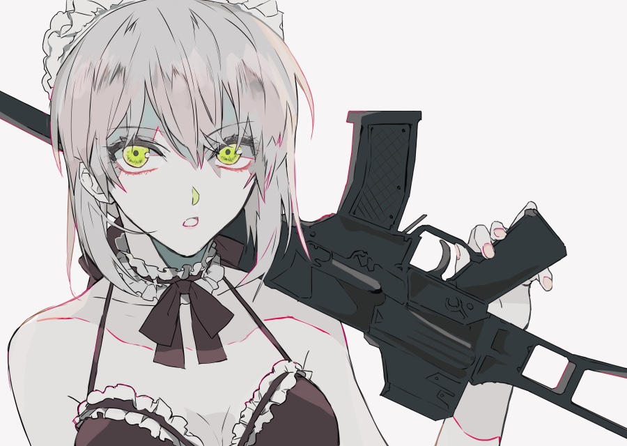 1girl artoria_pendragon_(all) artoria_pendragon_(swimsuit_rider_alter) assault_rifle bare_shoulders bikini black_bikini braid collarbone commentary_request ebanoniwa fate/grand_order fate_(series) french_braid frilled_bikini_top green_eyes gun holding holding_gun holding_weapon looking_at_viewer maid_bikini maid_headdress open_mouth rifle short_hair silver_hair solo swimsuit upper_body weapon