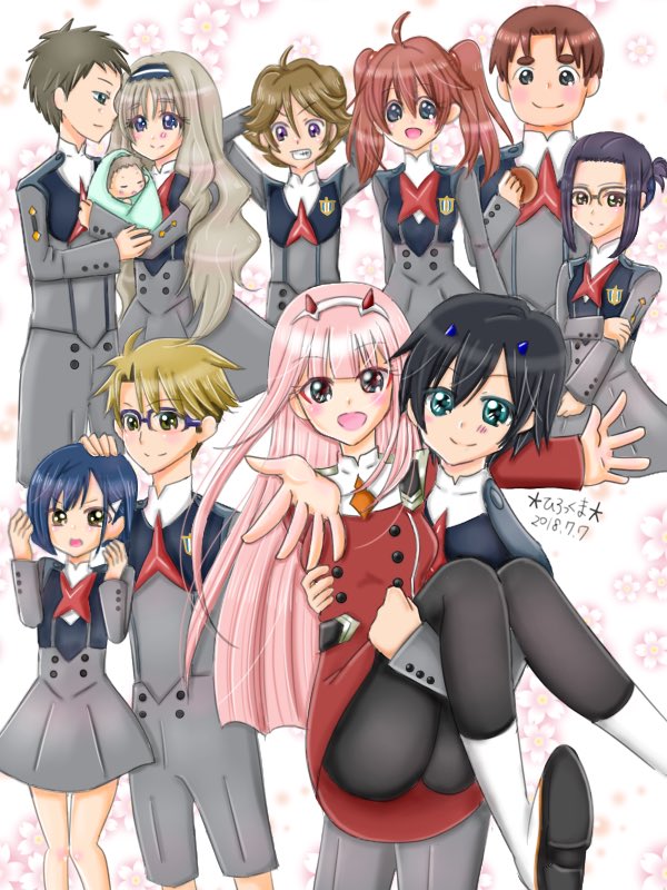 5boys 6+girls ahoge ai_(darling_in_the_franxx) baby bangs black_hair black_legwear blonde_hair blue_eyes blue_horns blush boots brown_eyes brown_footwear brown_hair carrying commentary_request couple darling_in_the_franxx dated eyebrows_visible_through_hair floral_background flower food futoshi_(darling_in_the_franxx) glasses gorou_(darling_in_the_franxx) green_eyes hair_ornament hairband hairclip hamburger hand_on_own_arm high_ponytail hiro_(darling_in_the_franxx) holding holding_food horns ichigo_(darling_in_the_franxx) ikuno_(darling_in_the_franxx) kokoro_(darling_in_the_franxx) light_brown_hair long_hair long_sleeves looking_at_another looking_at_viewer miku_(darling_in_the_franxx) military military_uniform mitsuru_(darling_in_the_franxx) multiple_boys multiple_girls necktie oni_horns open_clothes orange_neckwear pantyhose pink_hair ponytail princess_carry purple_hair purple_hairband red_horns red_neckwear redhead rirakkumahiroko shoes short_hair socks thick_eyebrows twintails uniform violet_eyes white_footwear white_hairband white_hairclip yellow_eyes zero_two_(darling_in_the_franxx) zorome_(darling_in_the_franxx)