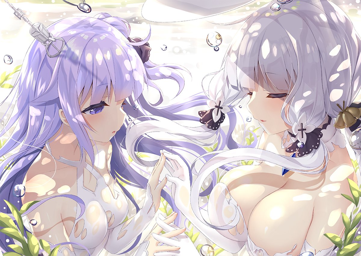 2girls azur_lane bell blush breasts closed_eyes commentary_request elbow_gloves gloves hair_bell hair_ornament illustrious_(azur_lane) interlocked_fingers large_breasts long_hair mole mole_under_eye multiple_girls parted_lips purple_hair small_breasts torn_clothes unicorn_(azur_lane) upper_body violet_eyes white_hair yano_mitsuki