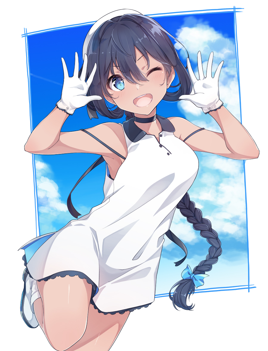 1girl ;d armpits arms_up bangs bare_shoulders beret black_hair blue_bow blue_eyes blue_sky blush boots bow braid breasts clouds cloudy_sky collared_dress dark_skin day dress eyebrows_visible_through_hair flower hair_between_eyes hair_bow hat konnyaku_(kk-monmon) long_hair low_ponytail medium_breasts one_eye_closed open_mouth original ponytail round_teeth sky sleeveless sleeveless_dress smile solo standing standing_on_one_leg teeth upper_teeth very_long_hair white_dress white_flower white_footwear white_hat