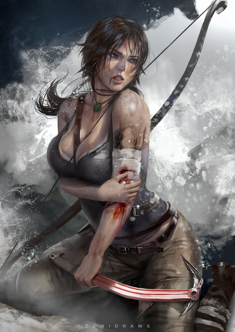 1girl artist_name bandage bandaged_arm bandages bangs banned_artist bare_shoulders belt blood blood_in_mouth bloody_bandages bow_(weapon) bra breasts brown_footwear brown_hair brown_pants cleavage collarbone commentary cuts english_commentary grey_eyes grey_tank_top holding holding_own_arm holding_weapon injury jewelry lara_croft large_breasts low_ponytail necklace pants parted_lips ponytail rock seiza sitting splashing tank_top tomb_raider tomb_raider_(reboot) underwear water waves weapon white_bra zumi_(zumidraws)