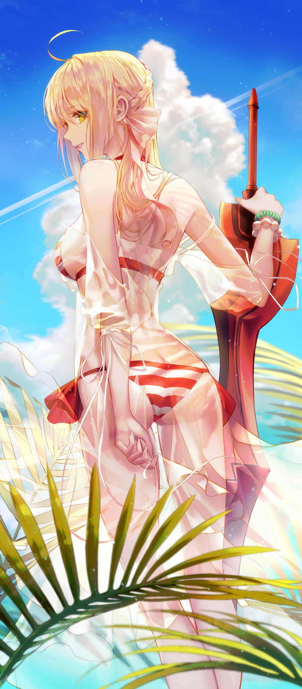 1girl aestus_estus ahoge ass back bangs bare_shoulders bead_bracelet beads bikini blonde_hair bow bracelet braid breasts clouds cloudy_sky cowboy_shot day eyebrows_visible_through_hair fate/grand_order fate_(series) french_braid green_eyes hair_bow highres holding holding_sword holding_weapon jewelry long_hair long_sleeves looking_at_viewer looking_back medium_breasts nero_claudius_(fate) nero_claudius_(fate)_(all) nero_claudius_(swimsuit_caster)_(fate) outdoors palm_tree robe see-through seol side-tie_bikini sky standing striped striped_bikini swimsuit sword tree weapon white_bow