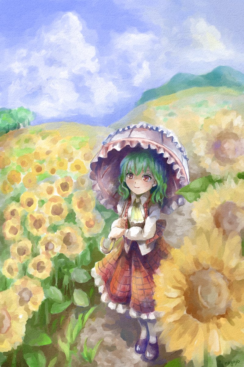 1girl artist_name bangs blue_sky brown_footwear clouds cravat day flower frilled_skirt frills from_above full_body garden_of_the_sun green_hair hair_between_eyes highres hill holding holding_umbrella kazami_yuuka loafers long_sleeves looking_away looking_up mountain nagayo open_clothes open_vest outdoors pantyhose plaid plaid_skirt plaid_vest red_eyes shirt shoes short_hair skirt sky smile solo standing summer sunflower touhou umbrella untucked_shirt vest white_legwear white_shirt yellow_neckwear