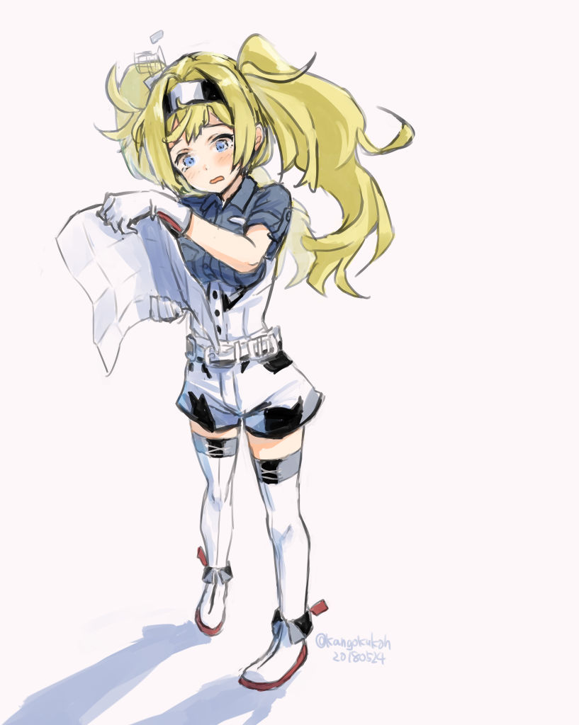 1girl blonde_hair blue_eyes blue_shirt breast_pocket collared_shirt dated full_body gambier_bay_(kantai_collection) gloves hair_between_eyes hairband head_tilt kangoku_kou kantai_collection map_(object) multicolored multicolored_clothes multicolored_gloves pocket shadow shirt short_sleeves shorts simple_background solo standing tearing_up thigh-highs twintails twitter_username white_background white_legwear