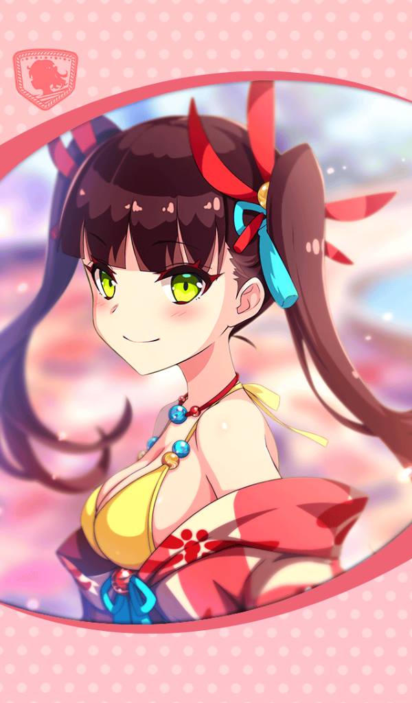 1girl artist_request bikini blush breasts brown_hair cleavage eyebrows_visible_through_hair framed_image green_eyes hair_ornament jewelry looking_at_viewer necklace official_art phantom_of_the_kill ribbon smile swimsuit tonbokiri_(phantom_of_the_kill) twintails yellow_bikini yellow_bikini_top