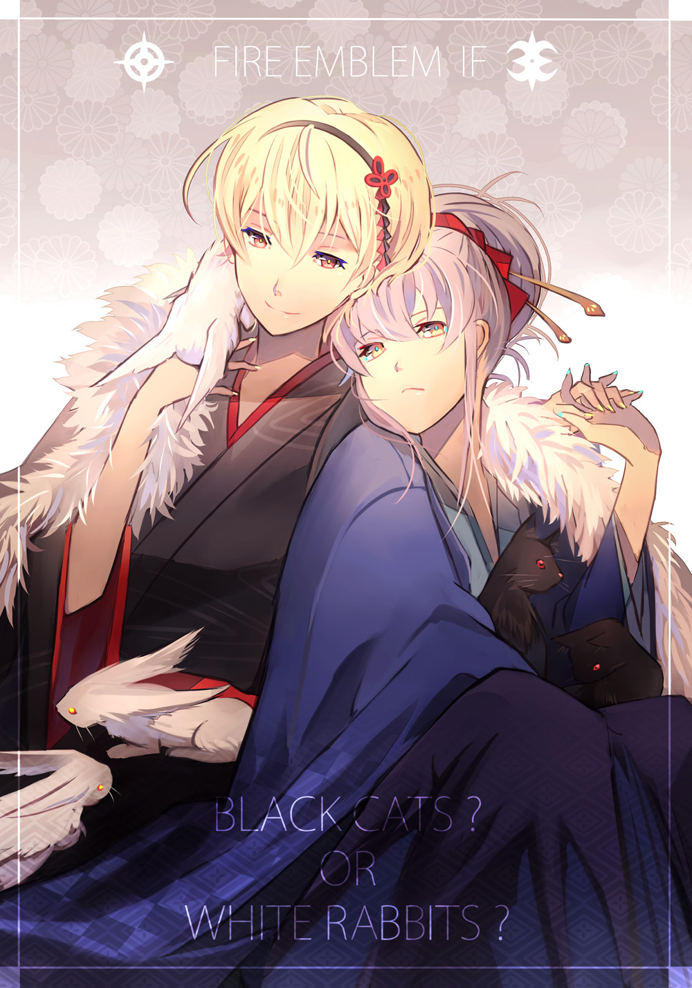 2boys blonde_hair cat fire_emblem fire_emblem_if hand_holding highres japanese_clothes kariya_(mizore) kimono leon_(fire_emblem_if) looking_at_viewer multiple_boys rabbit silver_hair smile takumi_(fire_emblem_if) yellow_eyes