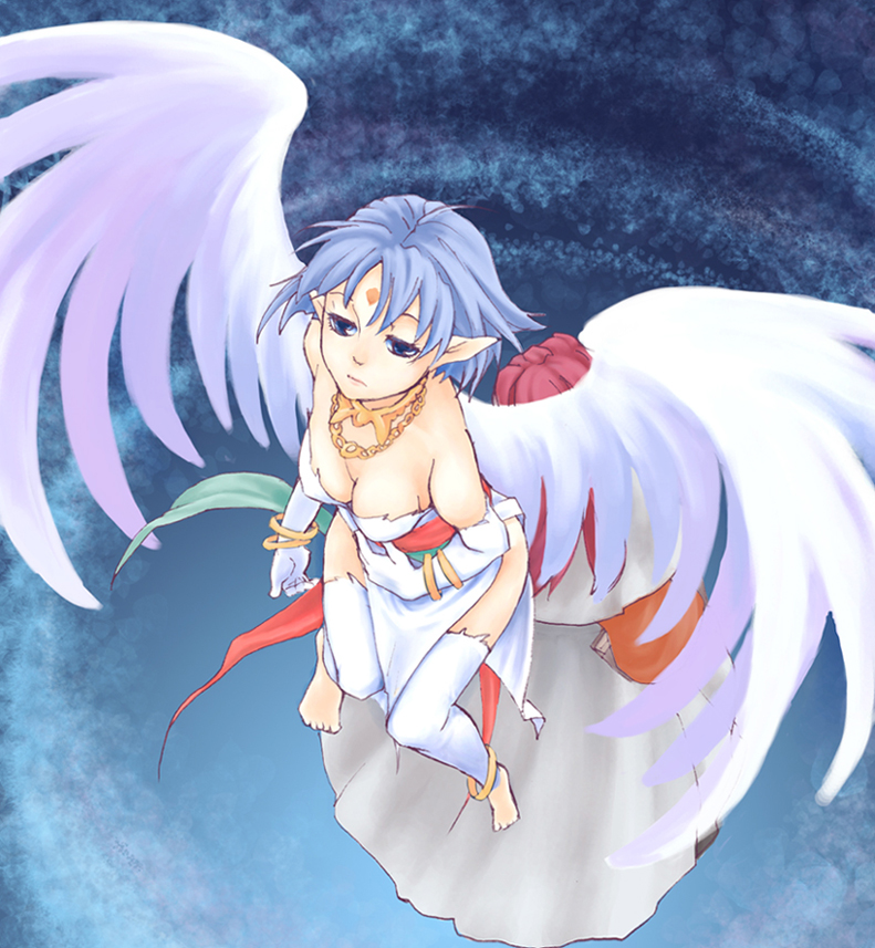 1girl anklet bad_feet barefoot blue_hair breasts bridal_gauntlets bridal_legwear cleavage commentary_request dress elbow_gloves feet filia_(star_ocean) floating forehead_jewel gloves jewelry pointy_ears short_hair solo star_ocean star_ocean_the_second_story touyama_sabu wings