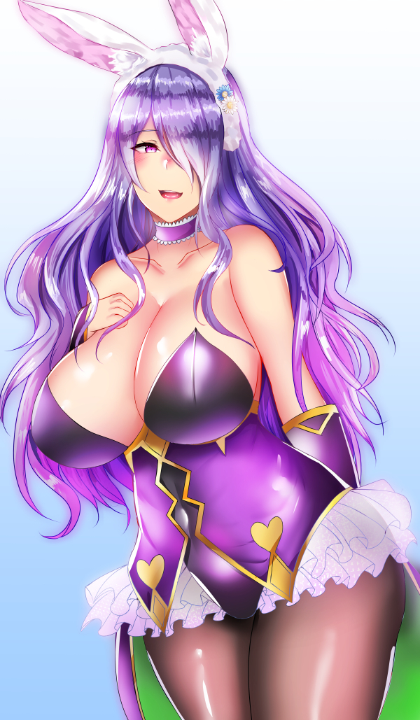 1girl animal_ears bare_shoulders breasts camilla_(fire_emblem_if) choker cleavage fake_animal_ears fire_emblem fire_emblem_heroes fire_emblem_if frilled_choker frills hair_over_one_eye kuuki_(rakam) large_breasts leotard long_hair open_mouth pantyhose purple_choker purple_hair rabbit_ears solo violet_eyes wavy_hair