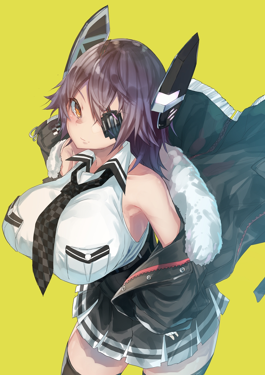 1girl black_skirt breast_pocket breasts checkered checkered_neckwear closed_mouth dress eyepatch frilled_skirt frills fur_jacket grey_jacket headgear highres jacket kantai_collection large_breasts looking_at_viewer medium_breasts necktie off_shoulder pocket purple_hair remodel_(kantai_collection) simple_background skirt smile solo tenryuu_(kantai_collection) thighs vest white_vest yaminabe_(yam1_nabe) yellow_background yellow_eyes