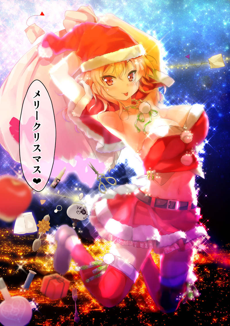 1girl :p apple armpits arms_up bangs belt blonde_hair bottle box breasts cafe-chan_to_break_time capelet christmas cityscape cleavage crop_top floating food fork fruit fur-trimmed_capelet fur-trimmed_hat fur-trimmed_legwear fur-trimmed_skirt fur_trim gift gift_box green_neckwear hat holding holding_sack jewelry jumping large_breasts leg_warmers lipstick_tube looking_at_viewer merry_christmas navel neck_ribbon necklace night omamori over_shoulder pearl_necklace perfume_bottle pom_pom_(clothes) porurin red_capelet red_eyes red_hat red_skirt ribbon ring sack santa_costume santa_hat scissors shoes skirt sky solo spool spoon star_(sky) starry_sky tea_(cafe-chan_to_break_time) tongue tongue_out translated
