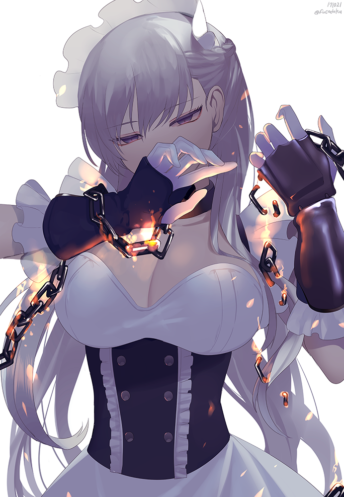 1girl azur_lane belfast_(azur_lane) braid breasts chains cleavage commentary_request corset fire fucodoku gloves large_breasts long_hair maid_headdress silver_hair simple_background solo white_background
