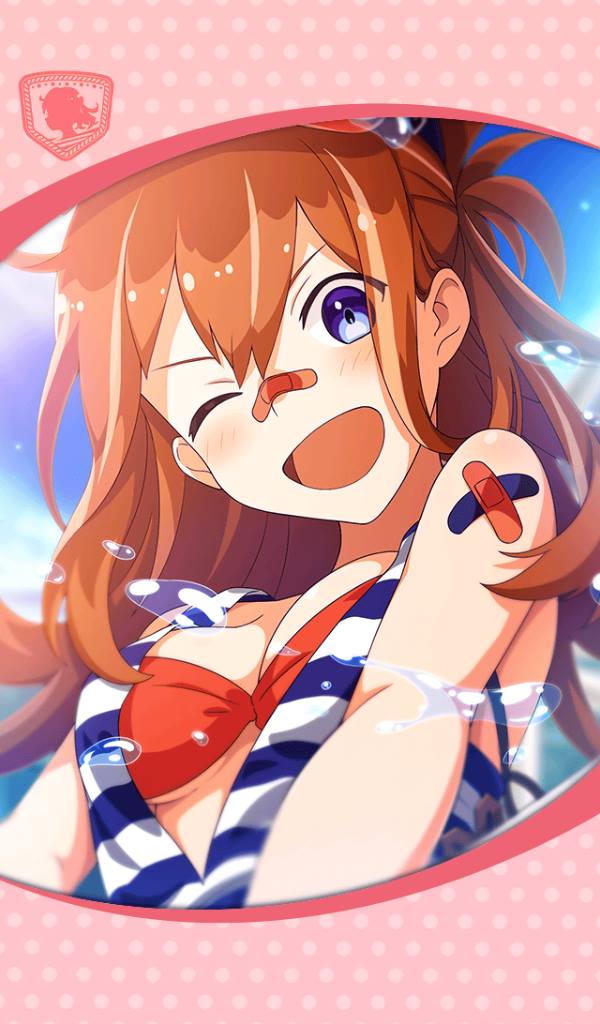 1girl artist_request bandaid bandaid_on_nose blue_eyes blush framed_image gridarvol hair_between_eyes official_art one_eye_closed open_mouth orange_hair phantom_of_the_kill red_swimsuit smile swimsuit water