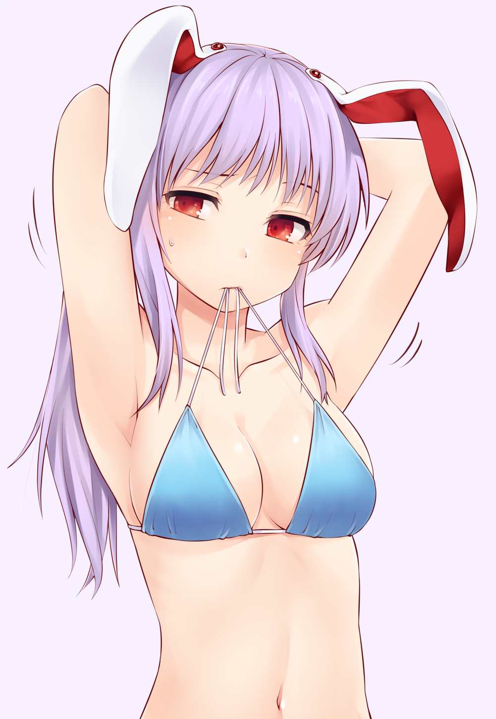 1girl alternate_hairstyle animal_ears armpits arms_up bare_arms bikini blue_bikini blush breasts collarbone commentary_request highres long_hair looking_at_viewer medium_breasts miyo_(ranthath) mouth_hold navel ponytail purple_background purple_hair rabbit_ears red_eyes reisen_udongein_inaba shiny shiny_skin sidelocks simple_background solo stomach sweat swimsuit touhou tying_hair untied untied_bikini upper_body