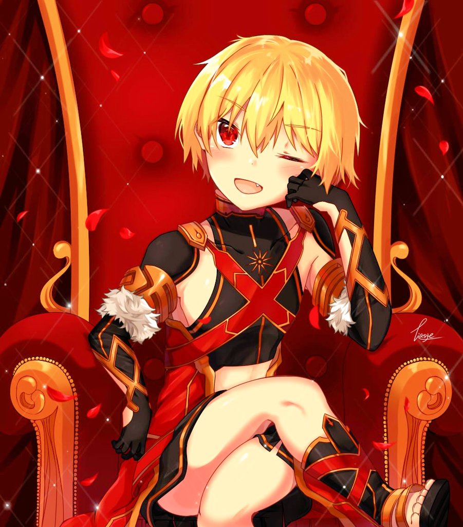 1boy ;d alexander_(fate/grand_order) alexander_(fate/grand_order)_(cosplay) arm_rest armlet armpit_crease bangs black_footwear black_gloves black_shirt blonde_hair blush boots cape child_gilgamesh commentary cosplay covered_collarbone crop_top curtains elbow_gloves eyebrows_visible_through_hair falling_petals fang fate/grand_order fate_(series) fur-trimmed_gloves fur_trim gloves hair_between_eyes head_rest legs_crossed looking_at_viewer male_focus one_eye_closed open_mouth petals red_cape red_eyes rose_petals shiny shiny_hair shirt signature sitting sleeveless sleeveless_shirt smile solo sparkle throne tiasye toeless_boots toes tsurime waist_cape