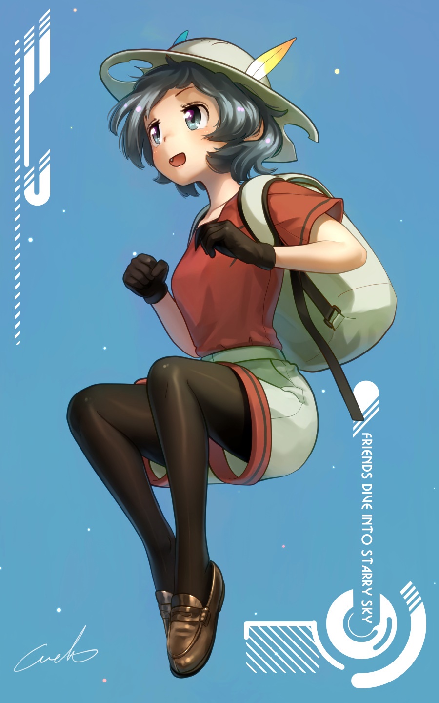 1girl :d backpack bag black_hair blue_eyes bucket_hat commentary_request eyebrows_visible_through_hair fang feathers gloves hat highres kaban_(kemono_friends) kemono_friends loafers open_mouth pantyhose shirt shoes short_hair short_sleeves shorts signature smile solo t-shirt welt_(kinsei_koutenkyoku)