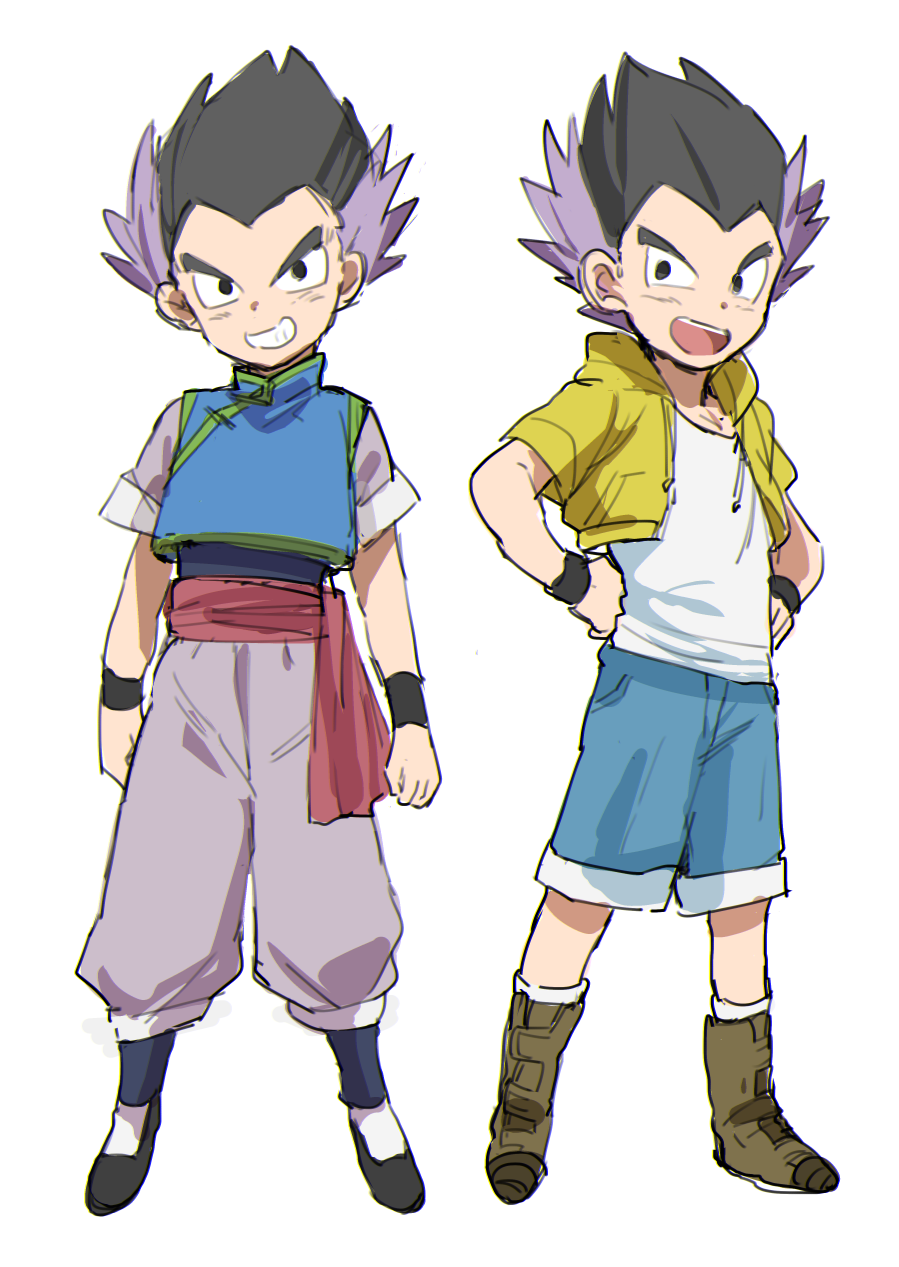 1boy :d alternate_costume arms_at_sides bidarian black_eyes black_hair boots chinese_clothes cosplay dragon_ball dragon_ball_super dragonball_z frown full_body gotenks hand_on_hip highres jacket male_focus multicolored_hair open_mouth purple_hair shirt short_hair shorts simple_background smile socks son_goten son_goten_(cosplay) spiky_hair teeth trunks_(dragon_ball) trunks_(dragon_ball)_(cosplay) two-tone_hair white_background white_legwear white_shirt wristband yellow_jacket