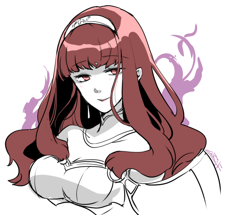 1girl aura bangs blunt_bangs breasts celica_(fire_emblem) cleavage dark_persona detached_collar earrings fire_emblem fire_emblem_echoes:_mou_hitori_no_eiyuuou fire_emblem_heroes hairband jewelry long_hair looking_at_viewer medium_breasts portrait red_eyes redhead simple_background sketch smile solo spot_color tokusa_riko white_background
