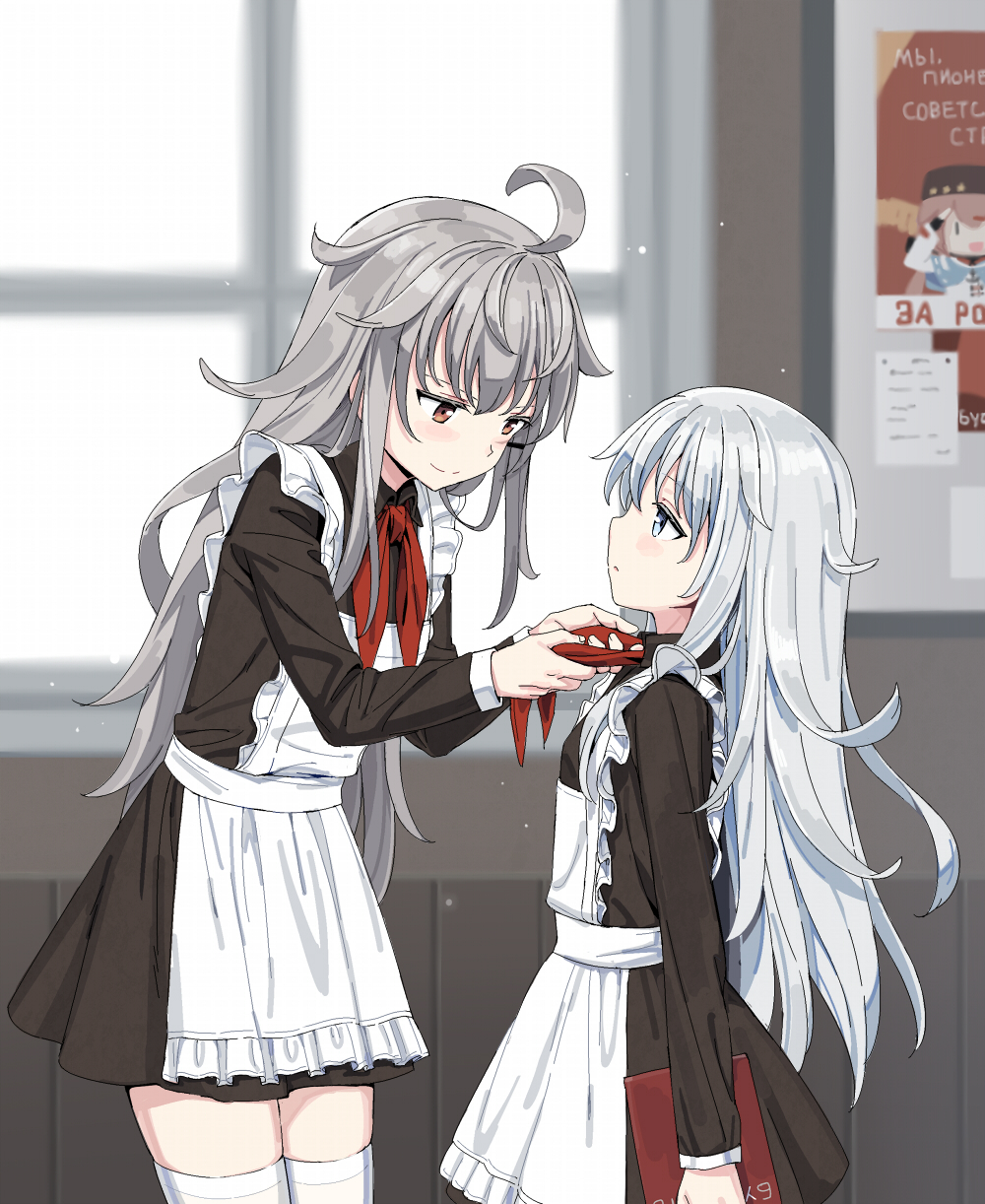 2girls adjusting_clothes ahoge alternate_costume apron arms_at_sides black_dress blue_eyes blush cnm colored_eyelashes deformed dress enmaided gangut_(kantai_collection) hair_between_eyes height_difference hibiki_(kantai_collection) highres indoors jitome kantai_collection leaning_forward long_hair looking_at_another maid maid_apron multiple_girls poster_(object) red_eyes school_uniform silver_hair smile sunlight tashkent_(kantai_collection) thigh-highs white_legwear window wooden_wall zettai_ryouiki