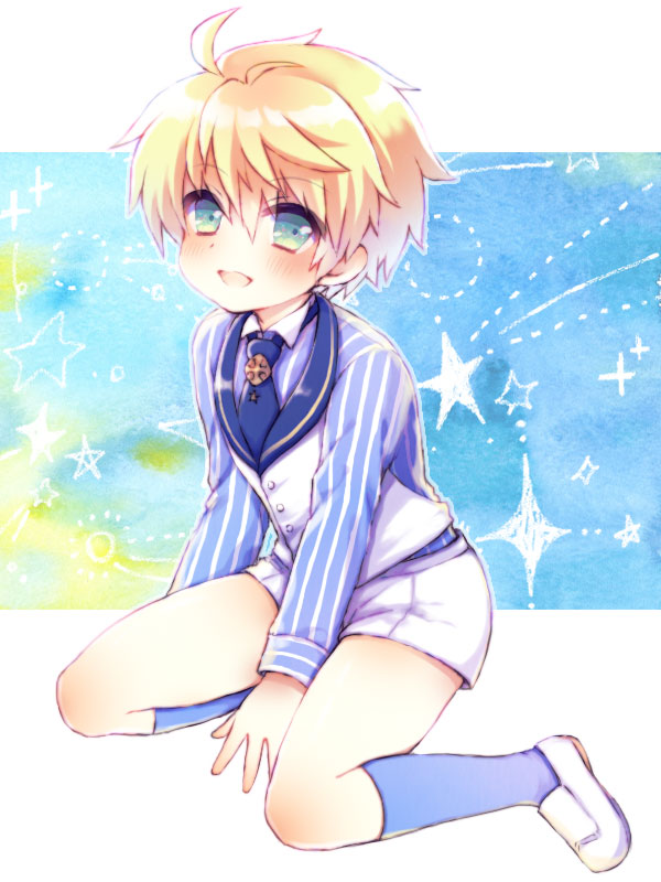 1boy :d ahoge arthur_pendragon_(fate) bangs between_legs blonde_hair blue_legwear blue_neckwear blue_shirt blush buttons chonkoo collared_shirt commentary_request eyebrows_visible_through_hair fate/prototype fate_(series) full_body green_eyes hair_between_eyes kneehighs loafers long_sleeves looking_at_viewer male_focus necktie open_mouth shiny shiny_hair shirt shoes shorts sitting smile solo star starry_background striped striped_shirt tie_clip waistcoat white_footwear white_shorts yokozuwari younger