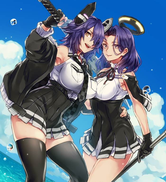 01rosso 2girls armpits black_gloves black_jacket black_legwear black_skirt breasts clouds commentary_request covered_navel day dutch_angle eyepatch fur-trimmed_jacket fur_trim gloves hand_on_another's_hip holding holding_spear holding_sword holding_weapon jacket kantai_collection large_breasts looking_at_viewer multiple_girls ocean off_shoulder open_mouth partly_fingerless_gloves pleated_skirt polearm purple_hair remodel_(kantai_collection) shirt skirt sleeveless sleeveless_shirt spear sword tatsuta_(kantai_collection) tenryuu_(kantai_collection) thigh-highs thighs weapon white_shirt yellow_eyes