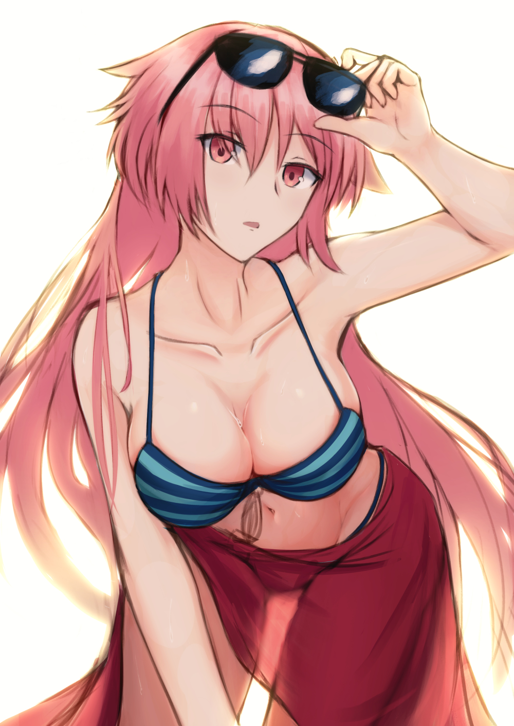 alternate_costume bangs bare_shoulders bent_over bikini blue_bikini breasts cleavage collarbone commentary_request eyebrows_visible_through_hair eyes_visible_through_hair eyewear_on_head girls_frontline hair_between_eyes hand_on_eyewear head_tilt highres large_breasts looking_at_viewer ntw-20_(girls_frontline) open_mouth pink_eyes pink_hair raised_eyebrows red_sarong sarong see-through shiroteru sidelocks striped striped_bikini sunglasses swimsuit thigh_gap wet white_background