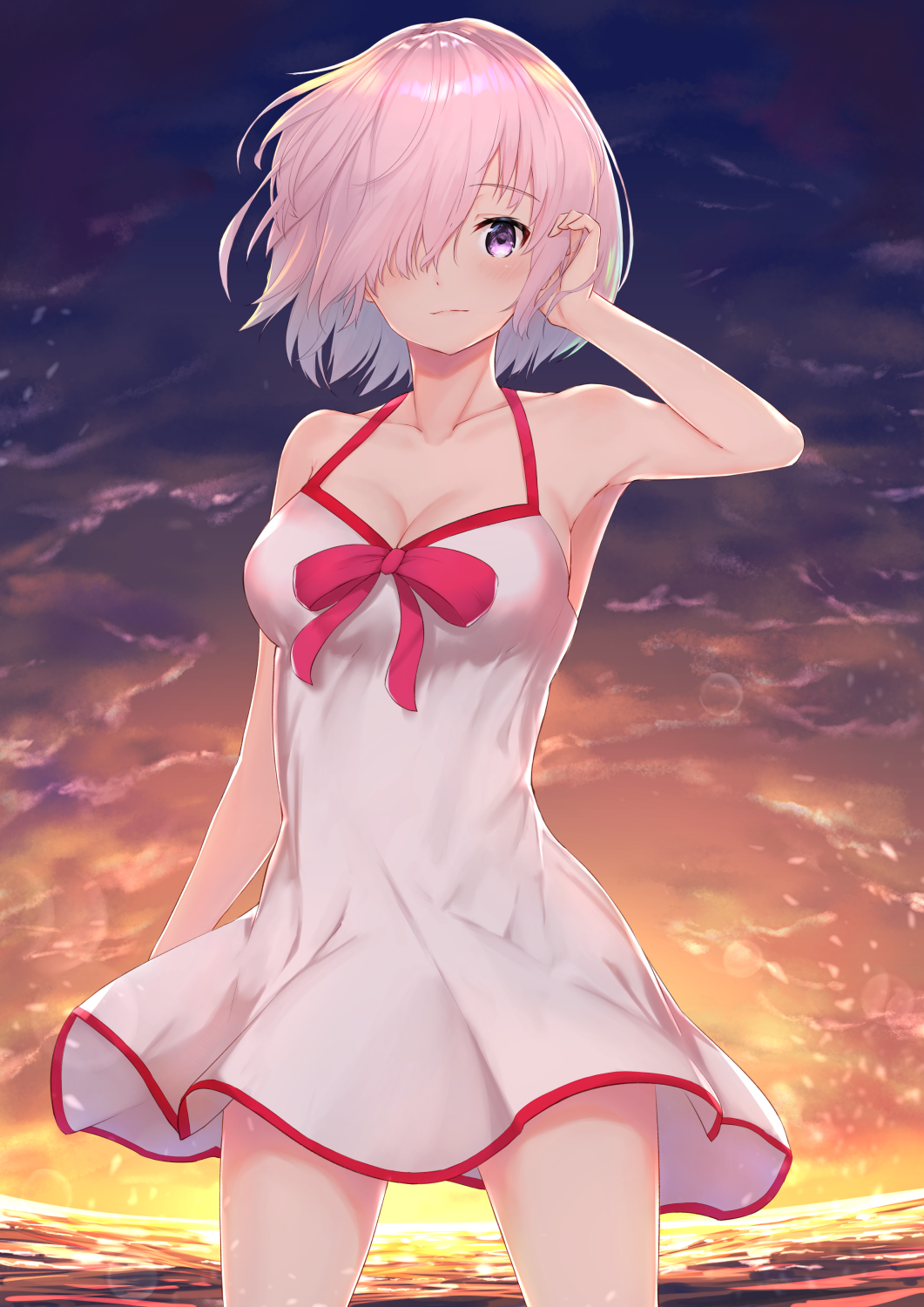 1girl arm_up bare_arms bare_shoulders blush bow breasts casual_one-piece_swimsuit cleavage closed_mouth clouds collarbone commentary_request cowboy_shot eyebrows_visible_through_hair fate/grand_order fate_(series) floating_hair gradient_sky hair_over_one_eye hand_in_hair highres horizon large_breasts legs_apart looking_at_viewer mash_kyrielight ocean one-piece_swimsuit orange_sky pink_bow pink_hair pink_ribbon purple_sky reuri_(tjux4555) ribbon shiny shiny_hair short_hair sky smile solo standing sunset swimsuit violet_eyes white_swimsuit wind