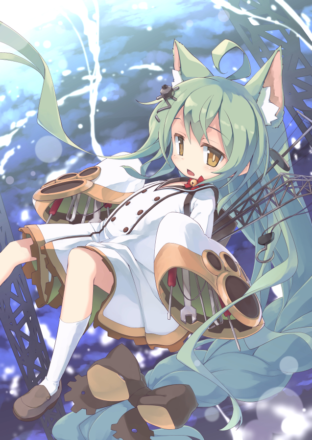 1girl absurdly_long_hair ahoge akashi_(azur_lane) animal_ears azur_lane bangs bell black_bow black_sailor_collar blush bow braid brown_eyes brown_footwear cat_ears commentary_request crane dress eyebrows_visible_through_hair green_hair hair_bow jingle_bell loafers long_hair long_sleeves looking_at_viewer nekoguruma open_mouth red_bow sailor_collar sailor_dress screwdriver shoes sleeves_past_fingers sleeves_past_wrists socks solo very_long_hair white_dress white_legwear wide_sleeves wrench