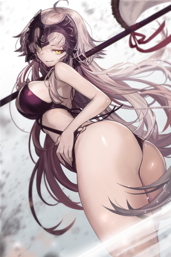 1girl ahoge ass breasts cowboy_shot eyebrows_visible_through_hair fate/grand_order fate_(series) flagpole from_behind goomrrat grey_hair grin hand_on_hip headpiece jeanne_d'arc_(alter)_(fate) jeanne_d'arc_(fate)_(all) large_breasts long_hair looking_at_viewer looking_back o-ring one-piece_swimsuit over_shoulder purple_swimsuit sideboob smile solo swimsuit very_long_hair weapon weapon_over_shoulder yellow_eyes