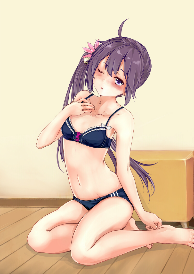 1girl ahoge akebono_(kantai_collection) bangs bare_arms barefoot bell blush breasts collarbone eyebrows_visible_through_hair flower hair_bell hair_between_eyes hair_flower hair_ornament hand_on_own_foot hand_up head_tilt indoors jingle_bell kantai_collection long_hair navel on_floor one_eye_closed open_mouth purple_hair rizzl side_ponytail sidelocks sitting small_breasts stomach thighs tsundere underwear underwear_only very_long_hair violet_eyes yokozuwari