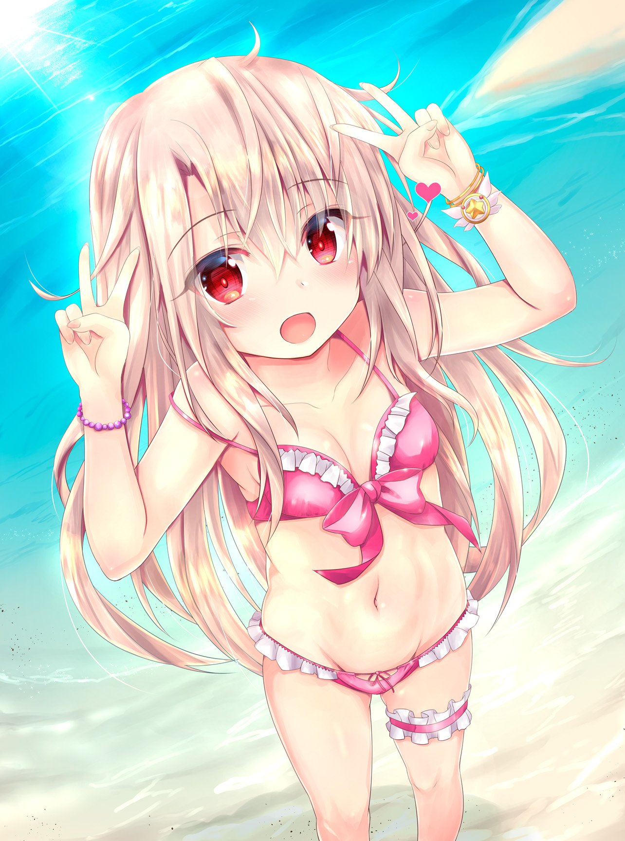 1girl :d ahoge bangs beach bikini blush bracelet breasts collarbone day double_v eyebrows_visible_through_hair fate/grand_order fate/kaleid_liner_prisma_illya fate/stay_night fate_(series) feet_out_of_frame fingernails foreshortening groin hair_between_eyes heart highres illyasviel_von_einzbern jewelry leg_garter legs_apart lens_flare long_hair looking_at_viewer navel open_mouth outdoors pink_bikini prisma_illya red_eyes shaian sidelocks small_breasts smile solo standing stomach sunlight swimsuit v water