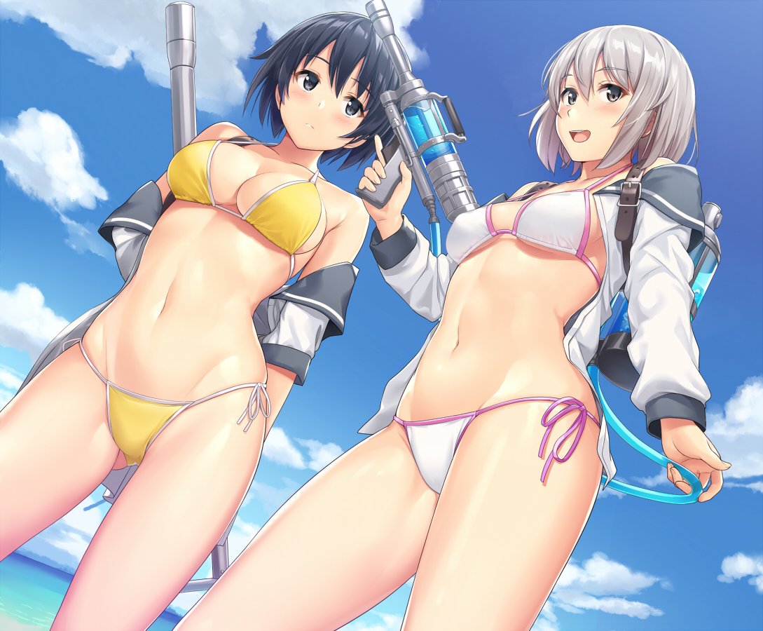 2girls :d arms_behind_back beach bikini black_eyes black_hair blue_sky blush breasts cleavage clouds contrapposto cowboy_shot day dutch_angle from_below gluteal_fold grey_eyes horizon medium_breasts multiple_girls navel off_shoulder open_clothes open_mouth open_shirt original outdoors sailor_collar sailor_shirt sawada_yuusuke shirt short_hair side-tie_bikini silver_hair sky smile strap_gap swimsuit water_gun white_bikini yellow_bikini