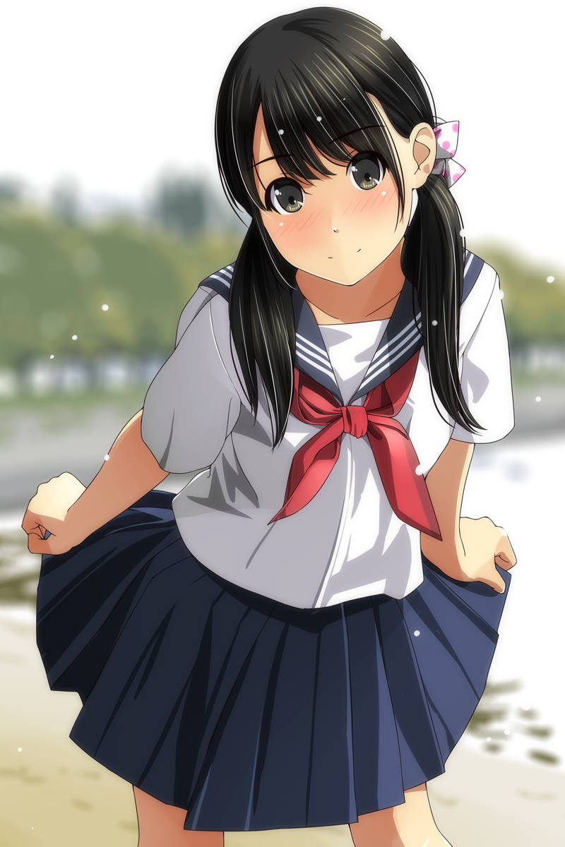 1girl black_eyes black_hair hair_ribbon highres long_hair looking_at_viewer matsunaga_kouyou original outdoors pleated_skirt ribbon school_uniform serafuku skirt smile solo