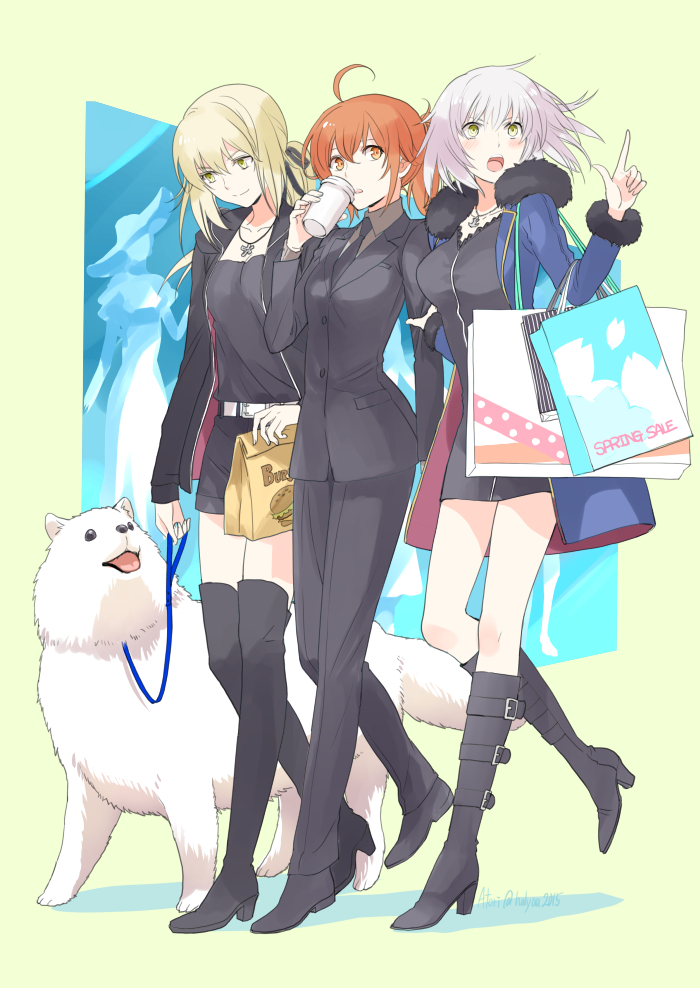 ahoge artoria_pendragon_(all) bag black_dress black_jacket black_ribbon blonde_hair blue_jacket boots casual cavall_the_2nd character_request coat coffee_cup cup disposable_cup dog dress drinking fate/grand_order fate_(series) food formal fujimaru_ritsuka_(female) full_body fur-trimmed_coat fur-trimmed_jacket fur-trimmed_sleeves fur_collar fur_trim halyou hamburger holding holding_cup jacket jeanne_d'arc_(alter)_(fate) jeanne_d'arc_(fate)_(all) jewelry knee_boots leash low_ponytail necklace necktie open_clothes open_coat open_jacket orange_hair pant_suit pants paper_bag ponytail ribbon saber_alter shopping_bag short_dress shorts smile suit thigh-highs thigh_boots wicked_dragon_witch_ver._shinjuku_1999 yellow_eyes zettai_ryouiki