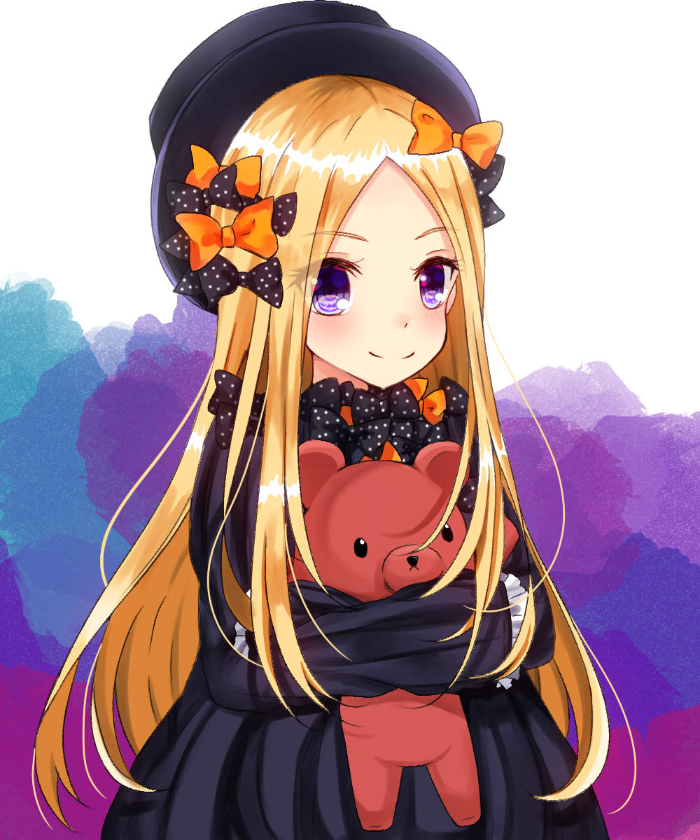 1girl abigail_williams_(fate/grand_order) bangs black_bow black_dress black_hat blonde_hair blush bow closed_mouth commentary_request dress eyebrows_visible_through_hair fate/grand_order fate_(series) forehead hair_bow hat highres long_hair long_sleeves looking_at_viewer object_hug orange_bow parted_bangs polka_dot polka_dot_bow sleeves_past_fingers sleeves_past_wrists smile solo stuffed_animal stuffed_toy teddy_bear very_long_hair violet_eyes yuuki_(snow-rain00)