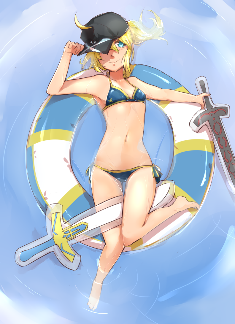 1girl ahoge artoria_pendragon_(all) barefoot bikini black_hat blue_bikini blue_eyes breasts collarbone dark_excalibur e_mishi excalibur fate/grand_order fate_(series) from_above full_body groin hat hat_over_one_eye holding holding_sword holding_weapon innertube looking_at_viewer mysterious_heroine_x navel side-tie_bikini small_breasts smile soaking_feet solo swimsuit sword water weapon