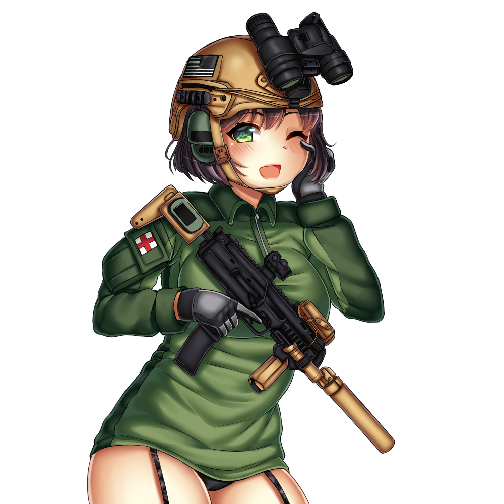 1girl aimpoint blush danielle_brindle doctor garter_straps gun h&amp;k_mp7 headphones headset heckler_&amp;_koch helmet laser_sight military night_vision_device one_eye_closed original submachine_gun suppressor weapon