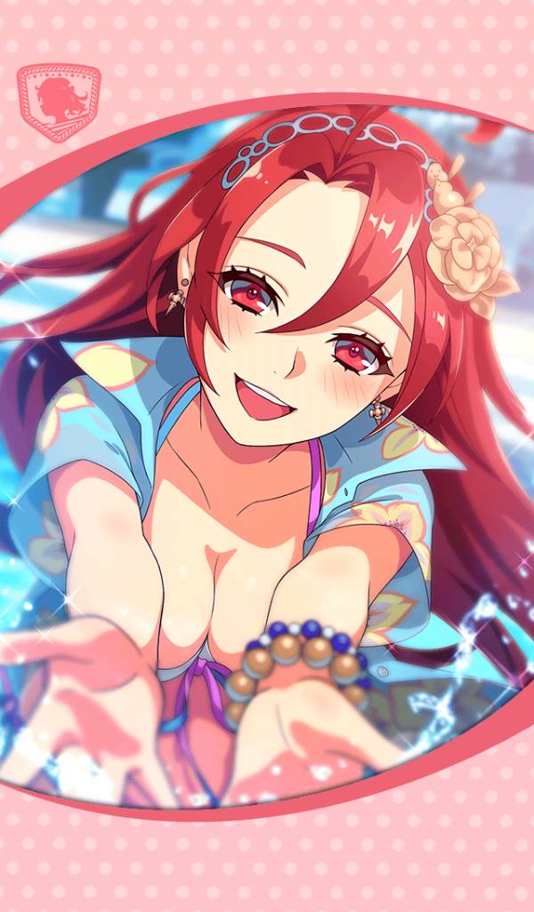 1girl artist_request bead_bracelet beads bracelet braid breasts cleavage earrings flower gram_(phantom_of_the_kill) hair_between_eyes hair_flower hair_ornament hairband jewelry long_hair official_art open_clothes open_mouth open_shirt phantom_of_the_kill red_eyes redhead shirt smile splashing swimsuit water