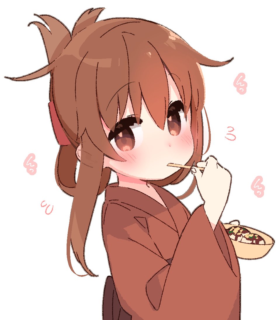 1girl blush brown_eyes brown_hair commentary_request eating flying_sweatdrops folded_ponytail food inazuma_(kantai_collection) japanese_clothes kantai_collection kimono long_hair looking_at_viewer simple_background solo takoyaki upper_body white_background yoru_nai yukata