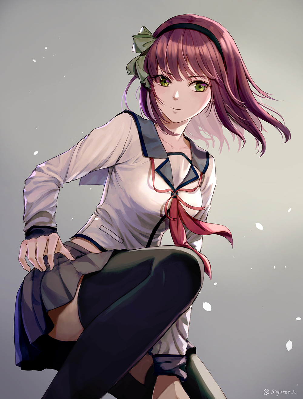 1girl angel_beats! bangs black_legwear black_skirt blue_collar breasts commentary_request expressionless eyebrows_visible_through_hair feet_out_of_frame gradient gradient_background green_eyes green_ribbon grey_background hair_ribbon hand_on_hip highres light_particles long_sleeves looking_at_viewer medium_hair neckerchief one_knee partial_commentary pleated_skirt purple_hair red_neckwear red_ribbon ribbon school_uniform shirt simple_background skirt small_breasts solo soyubee thigh-highs twitter_username white_shirt yuri_(angel_beats!)