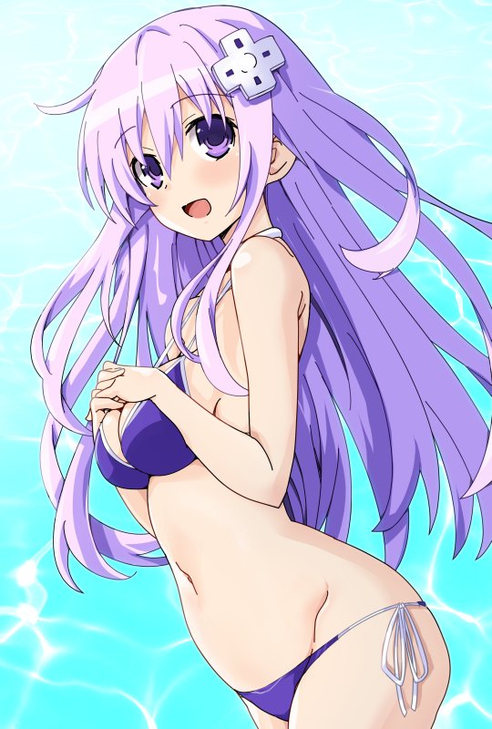 1girl bikini blue_bikini blush d-pad d-pad_hair_ornament hair_ornament iwasi-r long_hair looking_at_viewer navel nepgear neptune_(series) open_mouth purple_hair side-tie_bikini smile solo swimsuit violet_eyes