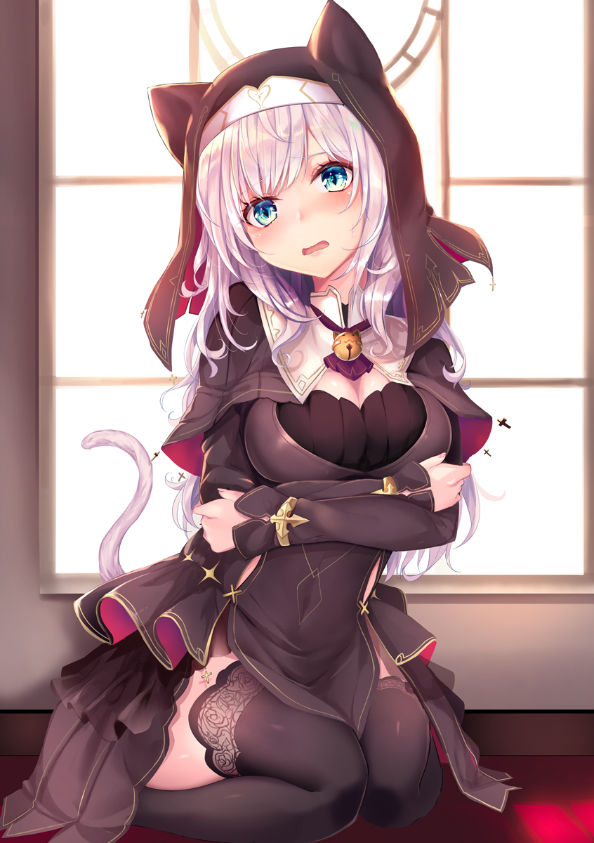 1girl animal_hood backlighting bell black_dress black_legwear blue_eyes blush breasts cat_hood cat_tail commentary covered_navel cross crossed_arms dress english_commentary eyebrows_visible_through_hair frown full_body haruka_natsuki head_tilt highres hood indoors jewelry jingle_bell layered_dress long_hair long_sleeves looking_at_viewer medium_breasts medium_dress necklace nun open_mouth original seiza silver_hair sitting slit_pupils solo tail thigh-highs window