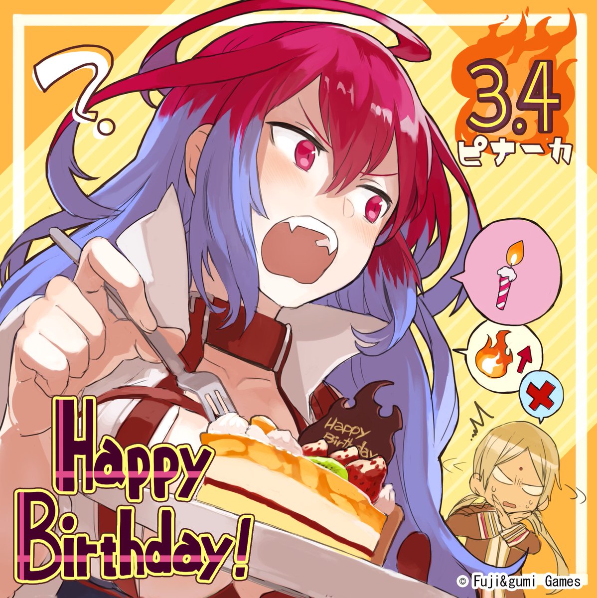 2girls ahoge alarmed artist_request bindi blonde_hair breasts cake chibi collar company_name dark_skin facial_mark food forehead_mark fork framed hair_between_eyes happy_birthday highres huge_ahoge jacket large_breasts long_hair low_twintails multicolored_hair multiple_girls official_art open_clothes open_mouth parashu phantom_of_the_kill pinaka red_eyes redhead shaking_head slice_of_cake spoken_x twintails two-tone_hair