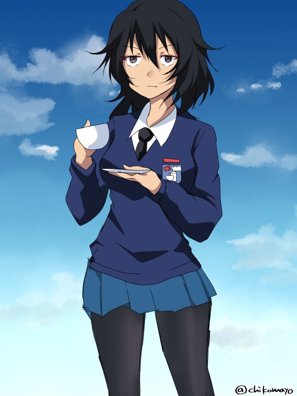 1girl :| alternate_costume alternate_hairstyle andou_(girls_und_panzer) bangs black_hair black_legwear black_neckwear blue_skirt blue_sweater brown_eyes chikomayo closed_mouth clouds cloudy_sky commentary_request cup dark_skin day dress_shirt emblem girls_und_panzer holding holding_cup long_sleeves looking_at_viewer medium_hair messy_hair miniskirt necktie outdoors pantyhose partial_commentary pleated_skirt ponytail saucer school_uniform shirt skirt sky solo st._gloriana's_(emblem) st._gloriana's_school_uniform standing sweater teacup twitter_username v-neck white_shirt wing_collar
