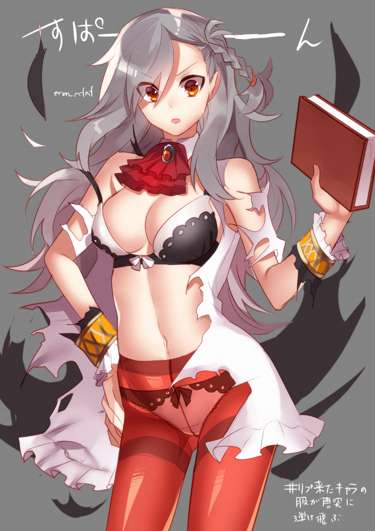 1girl alpha_(eren_mfmf) ascot asymmetrical_bangs bangs black_bra book bow bow_bra bow_panties bra braid breasts brooch cleavage commentary_request cowboy_shot detached_collar dress eyebrows_visible_through_hair fate/grand_order fate_(series) frown gluteal_fold grey_background grey_hair hand_on_hip holding holding_book jewelry lace lace-trimmed_panties long_hair looking_at_viewer medium_breasts messy_hair olga_marie_animusphere open_mouth panties panties_under_pantyhose pantyhose red_eyes red_legwear red_neckwear side_braid solo standing thighband_pantyhose torn_bra torn_clothes torn_dress translation_request underwear v-shaped_eyebrows white_collar white_panties
