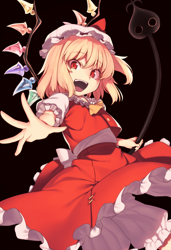 1girl :d ascot black_background blonde_hair bloomers bow commentary_request cowboy_shot crystal eyebrows_visible_through_hair flandre_scarlet foreshortening frilled_shirt_collar frills hat hat_bow holding kaiza_(rider000) laevatein looking_at_viewer mob_cap one_side_up open_mouth outstretched_arm petticoat puffy_short_sleeves puffy_sleeves red_bow red_eyes red_skirt red_vest shirt short_hair short_sleeves simple_background skirt smile solo touhou underwear vest white_bloomers white_hat white_shirt wings yellow_neckwear