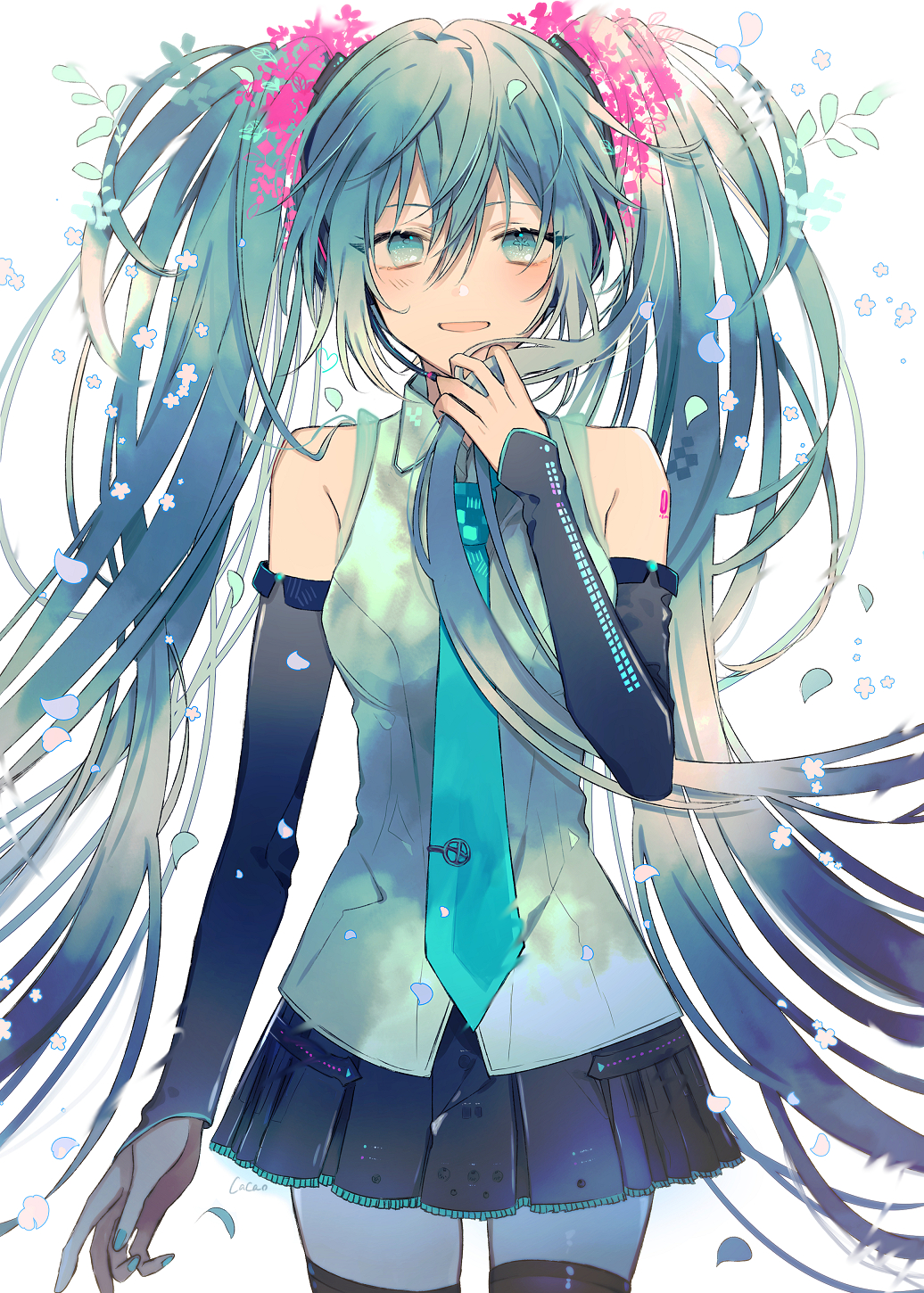 1girl :d black_legwear black_skirt blue_eyes blue_hair blue_nails blush cacao_(chocotto) cowboy_shot detached_sleeves floating_hair flower grey_shirt hair_between_eyes hatsune_miku head_wreath headphones headset highres holding holding_hair long_hair microphone miniskirt nail_polish open_mouth pink_flower pleated_skirt shirt skirt sleeveless sleeveless_shirt smile solo standing thigh-highs twintails very_long_hair vocaloid white_background zettai_ryouiki