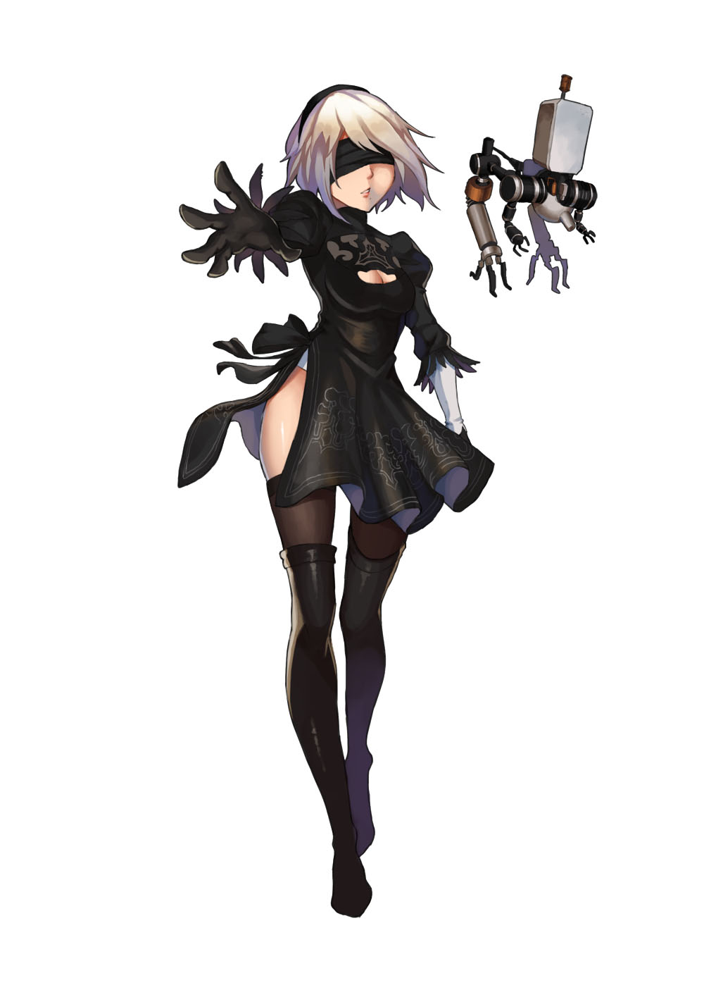 1girl black_blindfold black_dress black_hair black_hairband blindfold boots breasts cleavage cleavage_cutout commentary_request covered_eyes dress facing_viewer feather-trimmed_sleeves full_body grey_hair hairband highres juliet_sleeves leather leather_boots leotard long_legs long_sleeves medium_breasts nier_(series) nier_automata pod_(nier_automata) puffy_sleeves reaching shiraha_(pixiv10239953) short_hair simple_background solo standing thigh-highs thigh_boots thighhighs_under_boots vambraces white_background white_leotard yorha_no._2_type_b