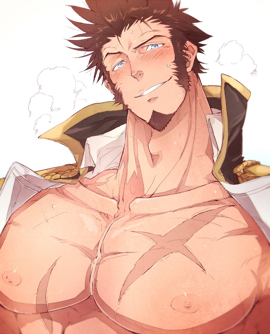 1boy beard blue_eyes blush brown_hair columns_ke epaulettes facial_hair fate/grand_order fate_(series) head_tilt jacket looking_at_viewer male_focus napoleon_bonaparte_(fate/grand_order) nipples open_clothes open_jacket pectorals scar sideburns simple_background solo white_background