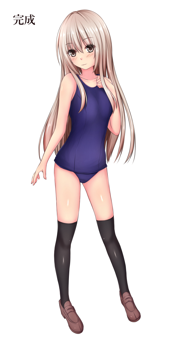 1girl arm_up black_legwear brown_eyes brown_hair commentary_request hand_on_own_chest highres kansyasai long_hair one-piece_swimsuit original school_swimsuit shoes solo swimsuit thigh-highs